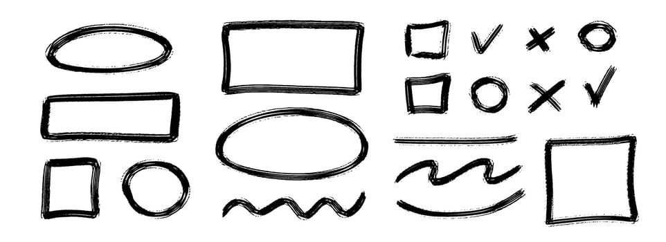 Black charcoal geometric frame and element set. Rectangle and circle paintbrush border collection. Rough sketched elements for highlight, underline, emphasis. Scribbled crayon form pack vector