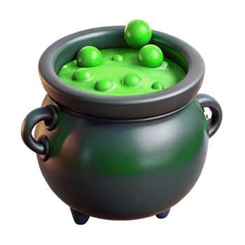 whimsical picturesque A bubbling cauldron filled with a mysterious green potion. NO BACKGROUND with Transparent Background. top-tier png