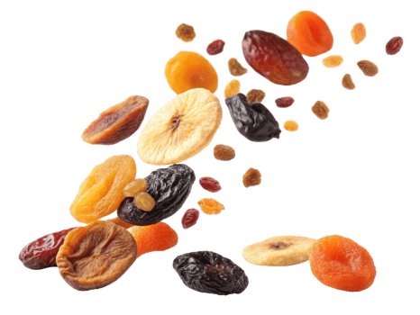 Dried fruits including apricots, raisins, and figs are scattered in vibrant display, showcasing their rich colors and textures png
