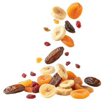 Dried fruits including apricots, bananas, and raisins create colorful and healthy snack, showcasing vibrant colors and textures png