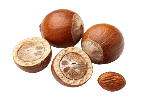 Brown nuts with smooth texture, showcasing their inner layers and seeds, evoke sense of natural beauty and health png