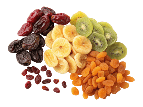 Dried fruits including raisins, apricots, bananas, and kiwi are arranged in colorful display, showcasing their vibrant textures and hues png