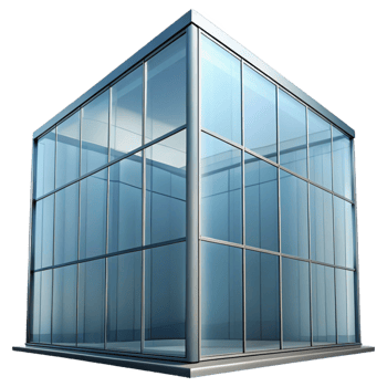 melancholic enchanting Glass curtain wall, reflective surface, NO BACKGROUND with Transparent Background. expertly shot png