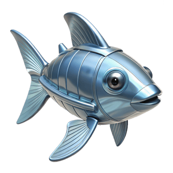 serene timeless Robotic fish with transparent fins NO BACKGROUND with Transparent Background. png