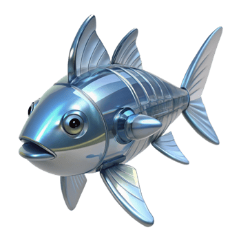 spectacular surreal Robotic fish with transparent fins NO BACKGROUND with Transparent Background. studio quality png