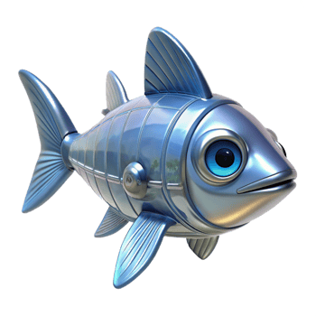 nostalgic serene Robotic fish with transparent fins NO BACKGROUND with Transparent Background. detailed png