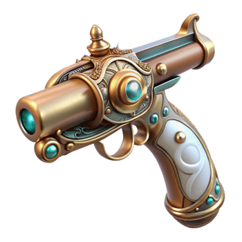 serene victorian Steampunk pistol with ornate engravings and a pearl handle. NO BACKGROUND with Transparent Background. precision png