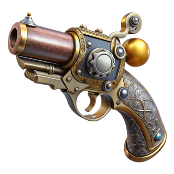 pristine nostalgic rustic Steampunk pistol with ornate engravings and a pearl handle. NO BACKGROUND with Transparent Background. expertly shot png