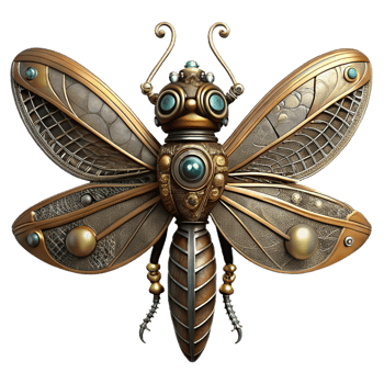 whimsical impressive Steampunk dragonfly automaton with delicate wings and gears. NO BACKGROUND with Transparent Background. impeccable png