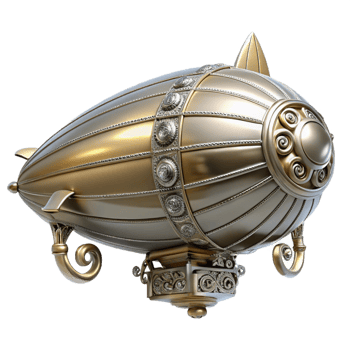 peaceful picturesque Steampunk zeppelin miniature with intricate details and a silver finish. NO BACKGROUND with Transparent Background. refined png