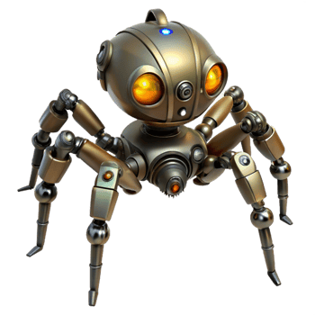 intense alluring Steampunk robotic spider with articulated legs and glowing eyes. NO BACKGROUND with Transparent Background. 8K png