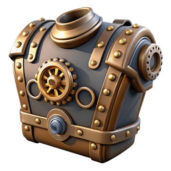 pristine signature Steampunk chest plate with gears, pipes, and metal plating. NO BACKGROUND with Transparent Background. png