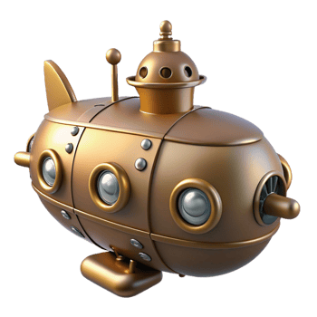 ethereal hypnotic Steampunk submarine miniature with portholes and propellers. NO BACKGROUND with Transparent Background. top-tier png