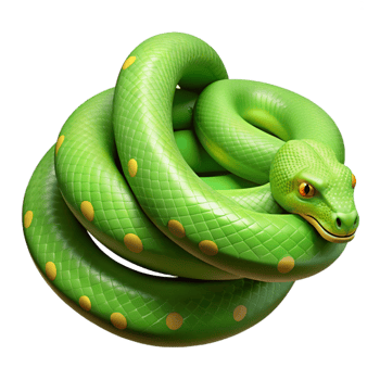 tranquil mesmerizing A slithering green tree python, coiled. NO BACKGROUND with Transparent Background. handcrafted png