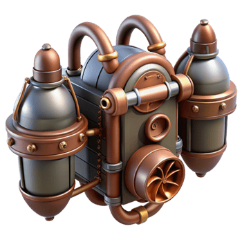 hypnotic gothic Steampunk jetpack with miniature turbines and copper piping. NO BACKGROUND with Transparent Background. professional png