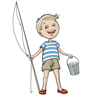 Cartoon illustration of a little boy standing with rod. Isolated from background png