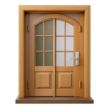 rare industrial Front door, wooden panel with glass inserts NO BACKGROUND with Transparent Background. premium png
