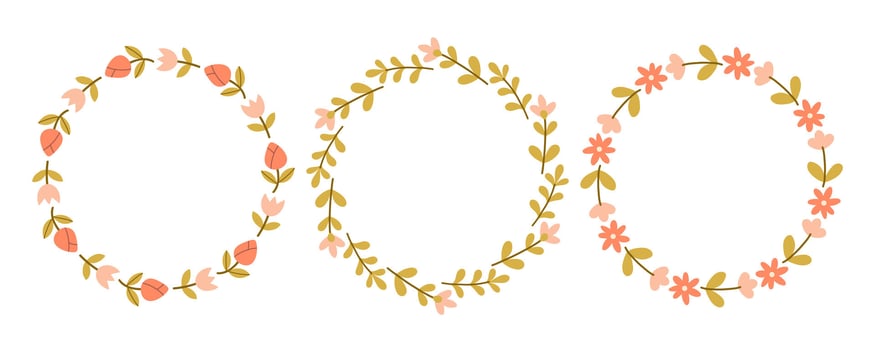 Spring red and pink flower circle frame set. Floral circle frame. Hand drawn botanical round border, laurel, wreath with branches, leaves and flowers illustration for wedding invitation, card, logo vector