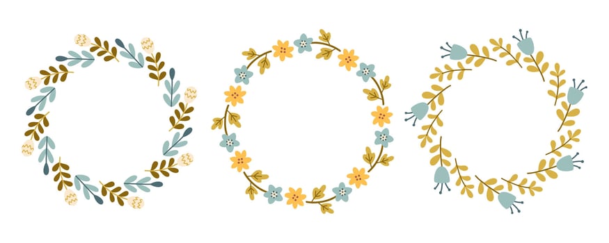 Spring blue and yellow flower circle frame set. Floral circle frame. Hand drawn botanical round border, laurel, wreath with branches, leaves and flowers illustration for wedding invitation, card, logo vector