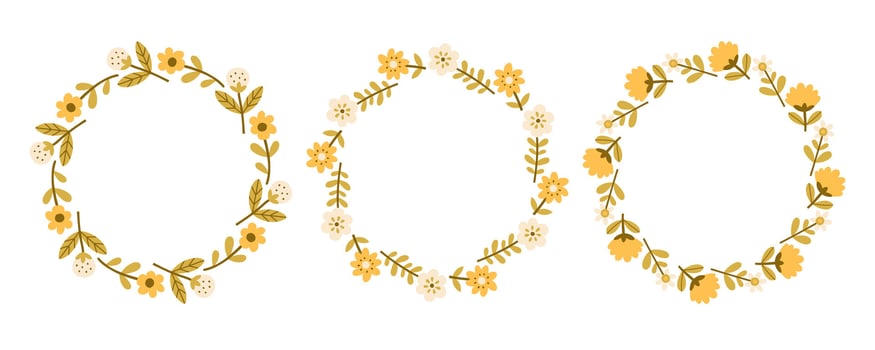 Spring simple yellow flower circle frame set. Floral circle frame. Hand drawn botanical round border, laurel, wreath with branches, leaves and flowers illustration for wedding invitation, card, logo vector