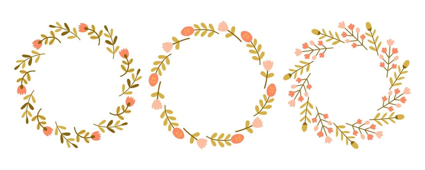 Spring pink and red flower circle frame set. Floral circle frame. Hand drawn botanical round border, laurel, wreath with branches, leaves and flowers illustration for wedding invitation, card, logo vector