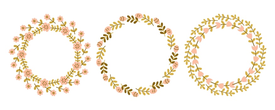 Spring yellow flower circle frame set. Floral circle frame. Hand drawn botanical round border, laurel, wreath with branches, leaves and flowers illustration for wedding invitation, card, logo vector
