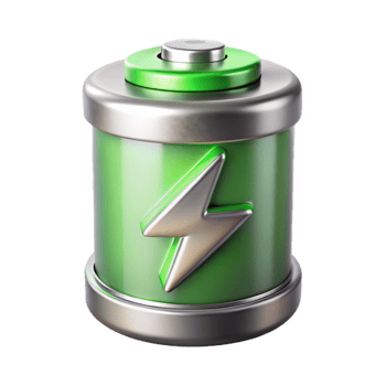 Battery with Lightning Bolt Icon, Metallic Cap, Energy Concept png