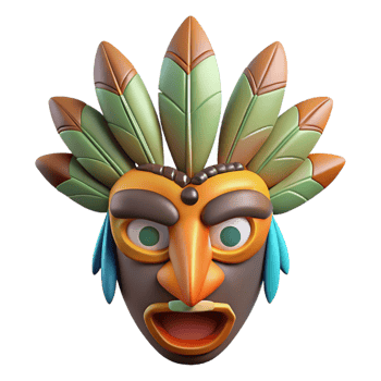 harmonious majestic A stylized, tribal mask with feathers, NO BACKGROUND with Transparent Background. museum quality png