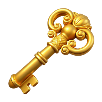 wonderful joyful impressionist A golden key with intricate carvings. NO BACKGROUND with Transparent Background. museum quality png