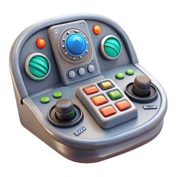 exceptional surreal Stylized spaceship cockpit control panel with illuminated buttons. NO BACKGROUND with Transparent Background. detailed png