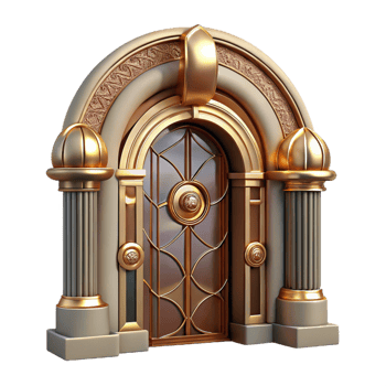 vibrant passionate futuristic Art Deco doorway, intricate carvings, polished brass hardware. NO BACKGROUND with Transparent Background. 4K png