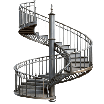 sumptuous memorable Spiral staircase, wrought iron, intricate railing. NO BACKGROUND with Transparent Background. png