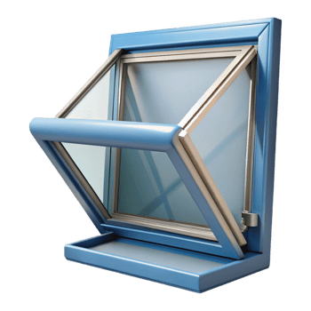 radiant dramatic mid-century Awning window, hinged at top, outward opening. NO BACKGROUND with Transparent Background. handcrafted png