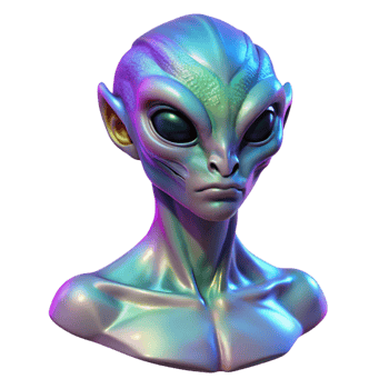 pristine baroque Alien creature bust with iridescent skin, NO BACKGROUND with Transparent Background. artisan png