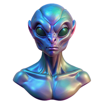 radiant dreamy classic Alien creature bust with iridescent skin, NO BACKGROUND with Transparent Background. flawless png