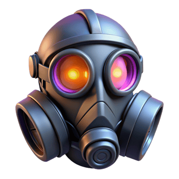dramatic stunning Cyberpunk gas mask with glowing filters, NO BACKGROUND with Transparent Background. professional png