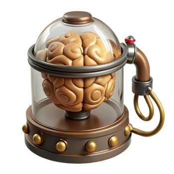 radiant dramatic rustic Steampunk brain in a jar with wires and electrodes. NO BACKGROUND with Transparent Background. studio quality png