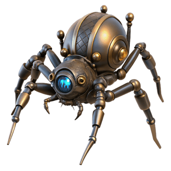 glorious remarkable Steampunk clockwork spider with moving legs and glowing eyes. NO BACKGROUND with Transparent Background. png