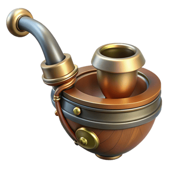 striking intense modern Steampunk pipe with a brass bowl and a wooden stem. NO BACKGROUND with Transparent Background. 8K png
