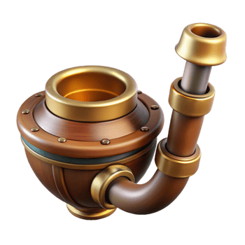 memorable avant-garde Steampunk pipe with a brass bowl and a wooden stem. NO BACKGROUND with Transparent Background. original png