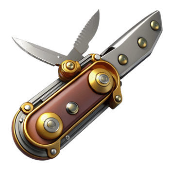 exemplary industrial Steampunk pocket knife with multiple blades and a brass handle. NO BACKGROUND with Transparent Background. artisan png