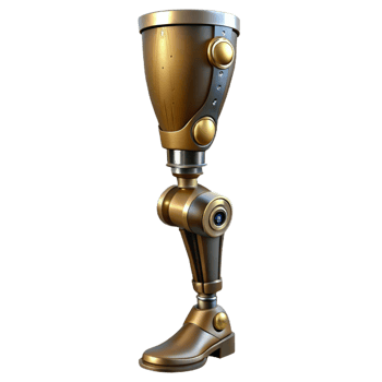 exemplary art deco Steampunk prosthetic leg with articulated joints and metal plating. NO BACKGROUND with Transparent Background. professional png