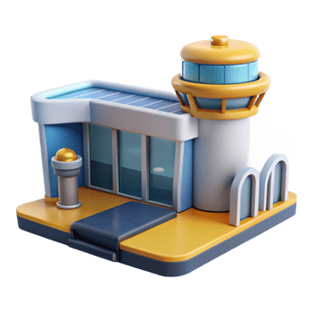 whimsical dramatic Architectural rendering of an airport terminal gate NO BACKGROUND with Transparent Background. 4K png