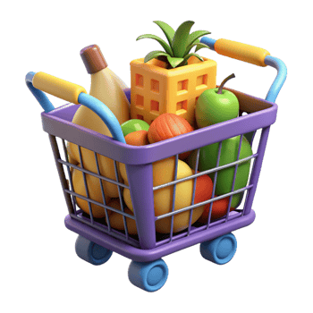 magnificent intense mid-century Shopping cart full of groceries. NO BACKGROUND with Transparent Background. sharp png