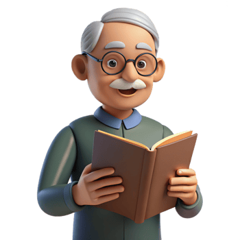 reflective immaculate Elderly man reading book, NO BACKGROUND with Transparent Background. 8K png