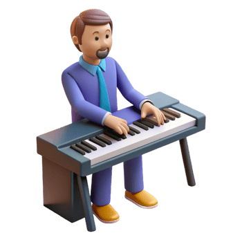 pristine joyful coastal Musician playing piano keyboard, NO BACKGROUND with Transparent Background. studio quality png