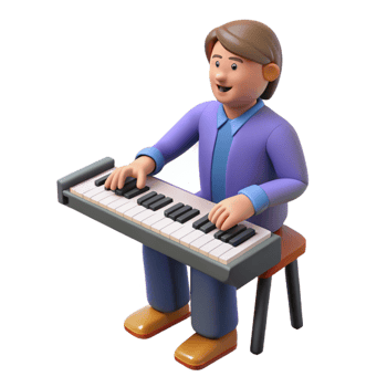 serene iconic Musician playing piano keyboard, NO BACKGROUND with Transparent Background. png
