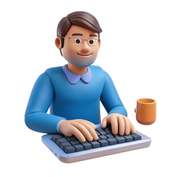 serene whimsical minimalist Writer typing on keyboard, NO BACKGROUND with Transparent Background. refined png