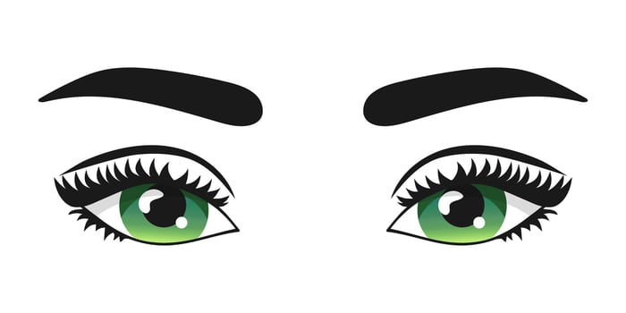 Beautiful green woman eyes with curled lashes and eyebrows isolated on white background vector
