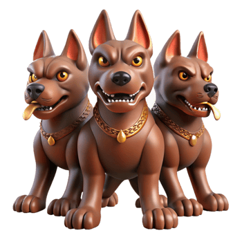 whimsical enchanting Cerberus, three-headed dog, guarding underworld, NO BACKGROUND with Transparent Background. expertly shot png